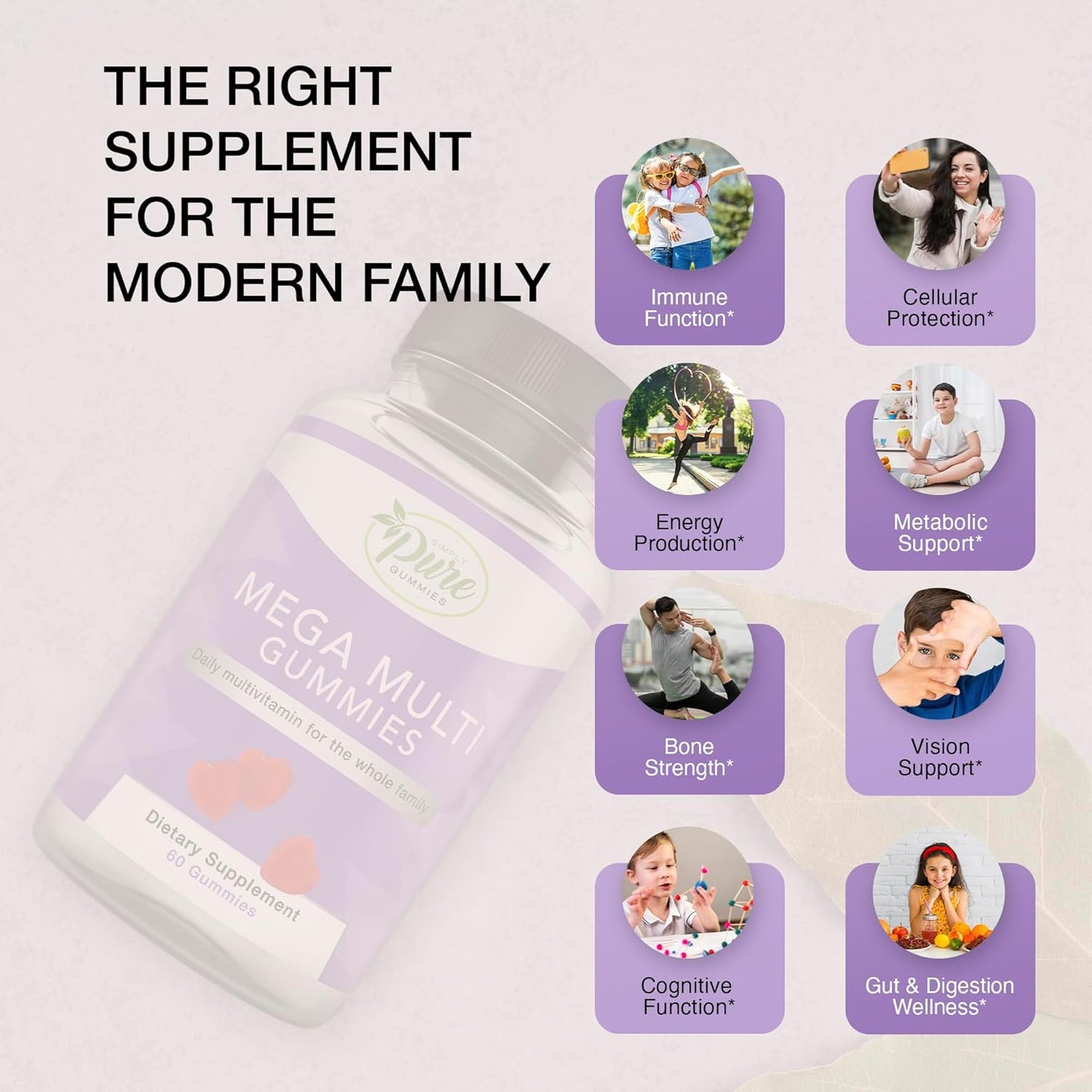 Pure By Nature Mega Multi Gummies - Natural Flavored Multi Vitamin Gummies for Women & Men - Dietary Supplement - Multivitamin with Vitamins A, D2, C, E, K, Biotin, Folic Acid - 60 Count - Espot.com.au