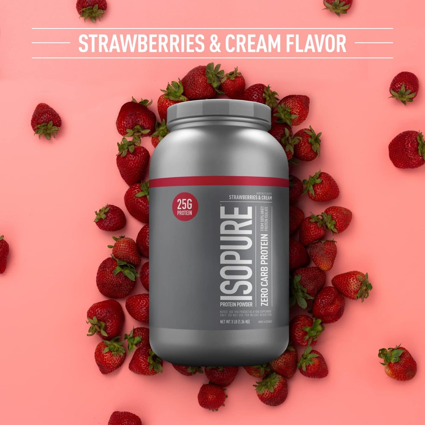 Isopure Zero Carb Whey Isolate Protein Powder, Strawberries & Cream Flavor, 25g Protein, 3 Lbs, 44 Servings, Gluten & Lactose Free - Espot.com.au