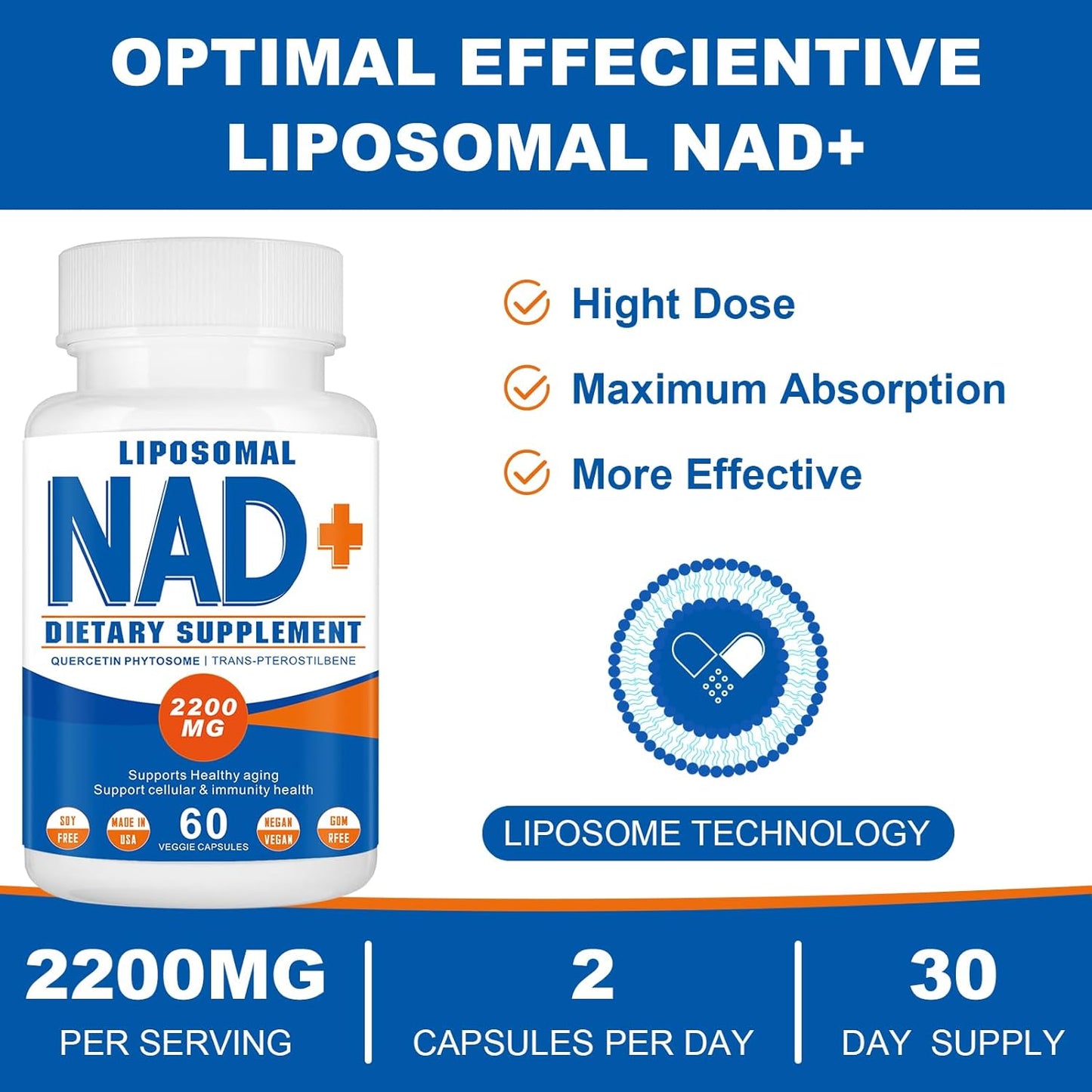 2200mg Liposomal NAD+ Supplement for Cellular Energy & Aging Defense - 120 Capsules - Espot.com.au