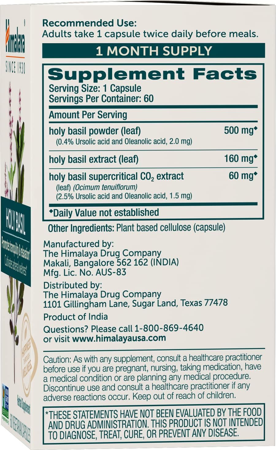 Himalaya Holy Basil Tulsi Herbal Supplement 60 Capsules - Stress Relief, Relaxation, Calm, Non-GMO, Vegan - 2 Pack, 720mg - Espot.com.au