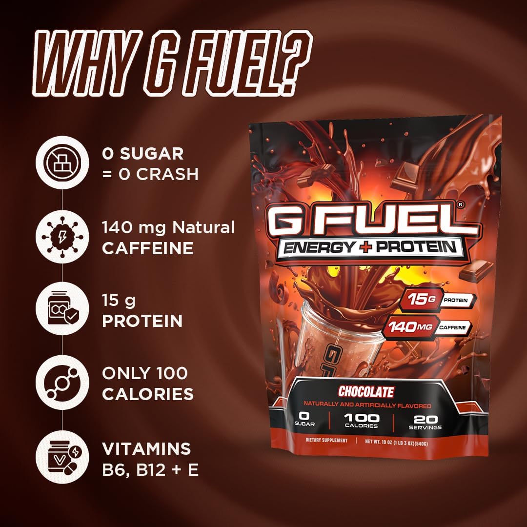 chocolate-g-fuel-protein-energy-drink-powder---pre-workout-caffeine-mix-for-gaming---sugar-free-focus-amino---vitamin-antioxidants---19oz-20-servings-5