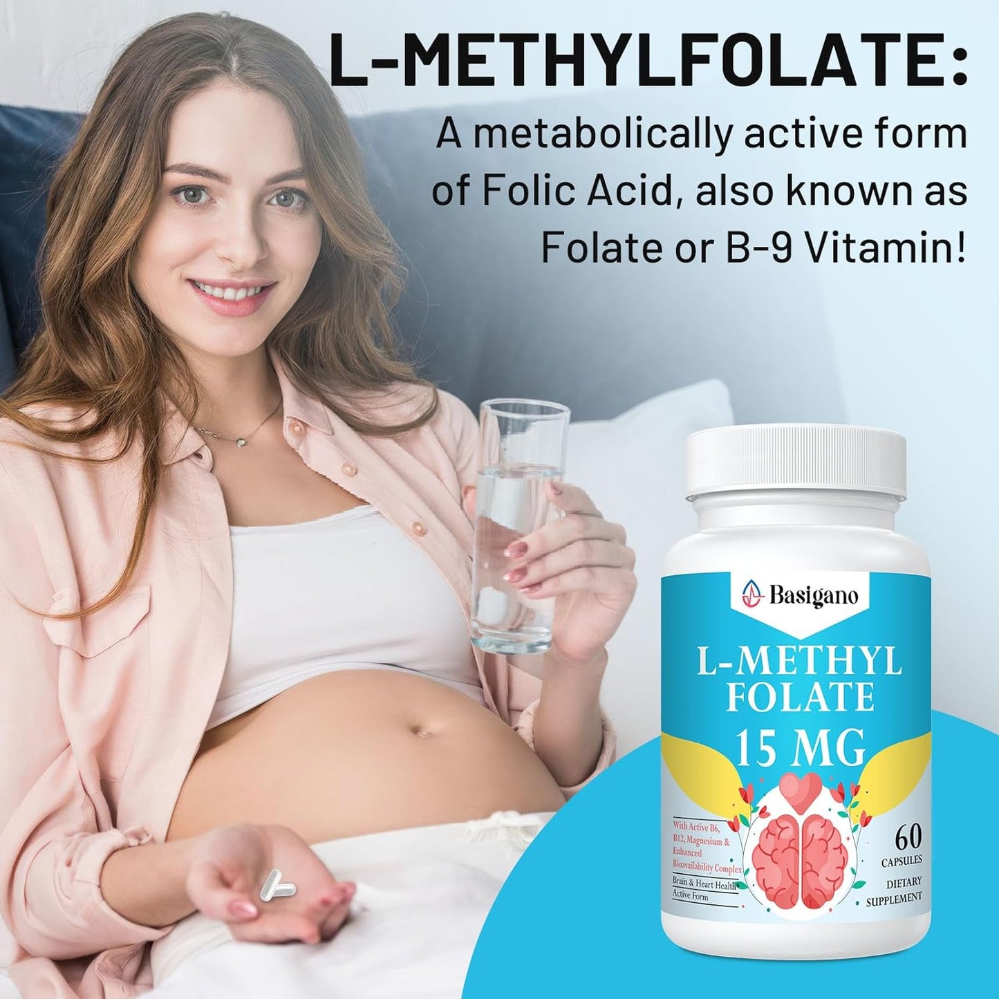 15mg Basigano L Methylfolate with B6 and B12 - Vegan Gluten-Free Dairy-Free - 1 Pack - Espot.com.au