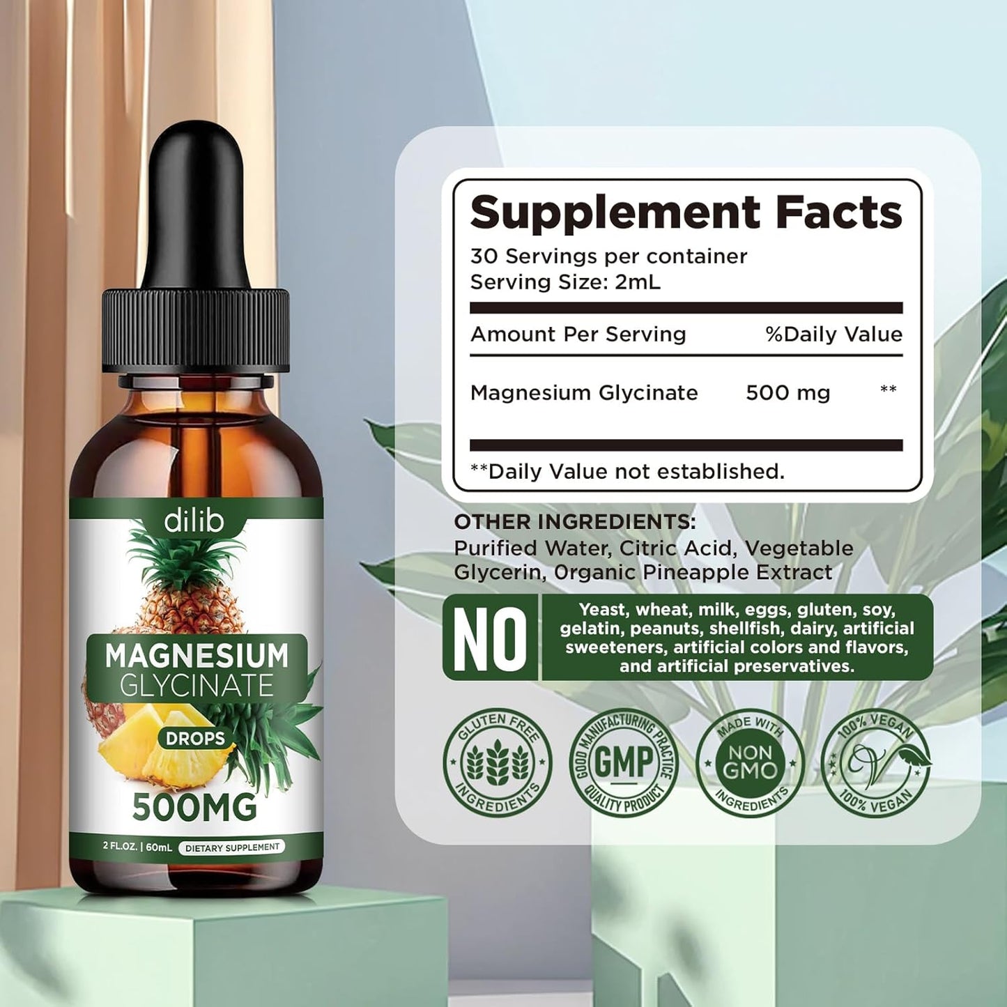 (2 Pack) Liquid Magnesium Glycinate Drops 500mg - Supports Stress Relief, Relaxation, Mood, Sleep, Bone & Muscle - Vegan Pineapple Flavor - 4 Fl Oz - Espot.com.au
