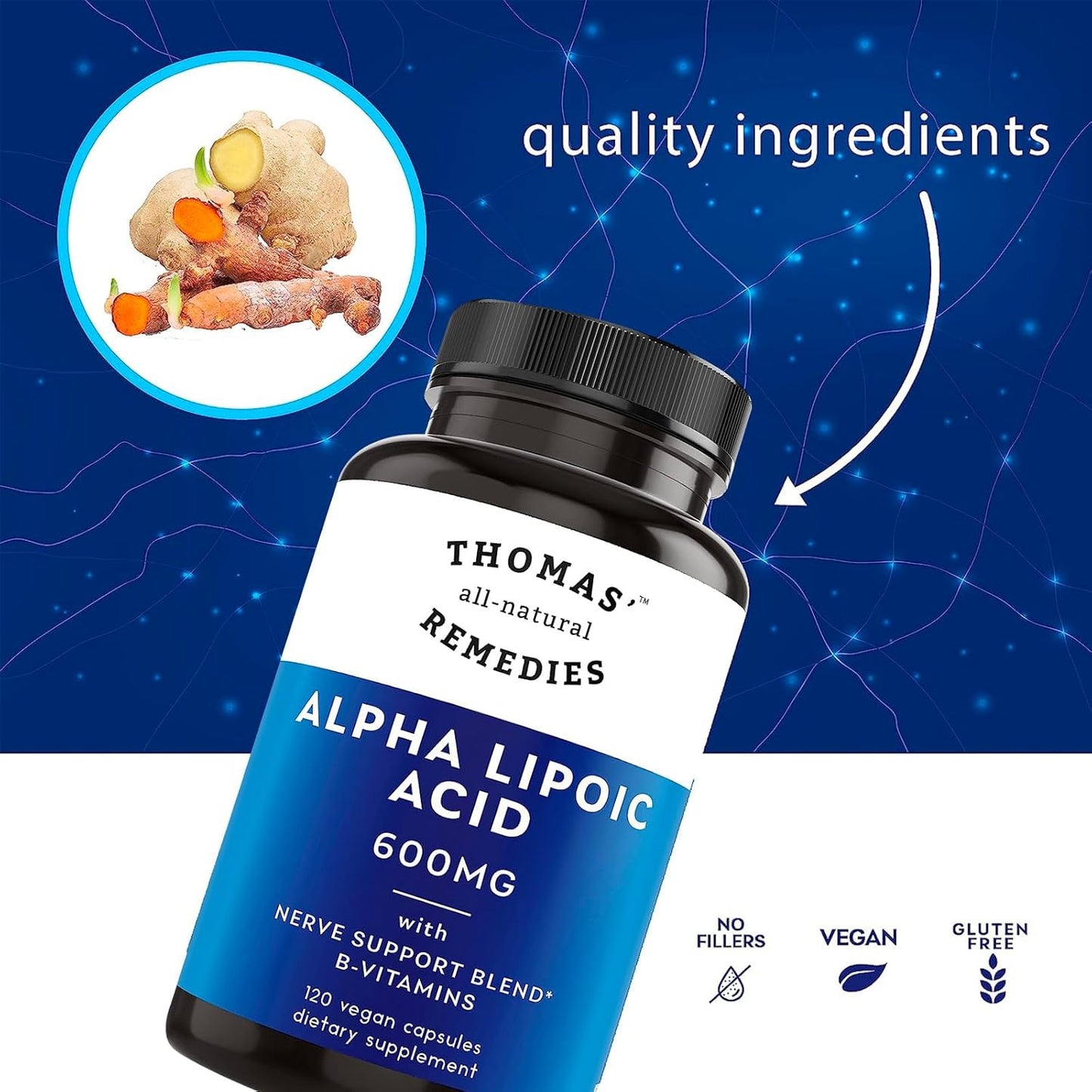 Natural Alpha Lipoic Acid 600mg Capsules with B-Vitamins - Thomas' Vegan Formula without Fillers - 120 Count - Espot.com.au
