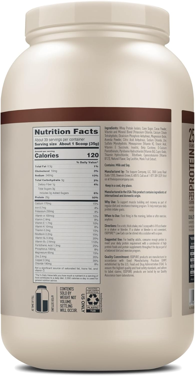 Isopure Low Carb Chocolate Whey Isolate Protein Powder - Gluten & Lactose Free - 25g Protein Per Serving - 3 Lbs, 39 Servings - Espot.com.au