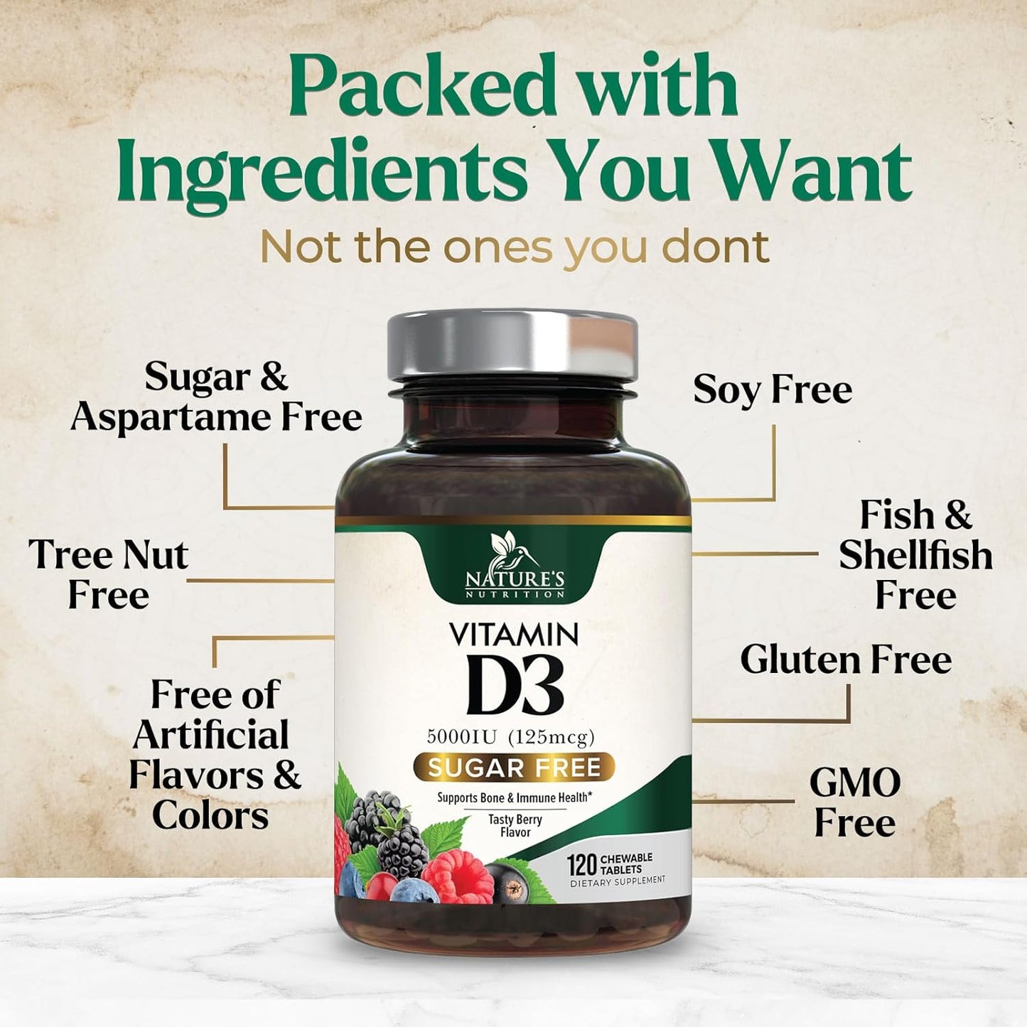 Chewable Vitamin D3 5000 IU Supplements for Bone, Teeth, Muscle & Immune Support - Sugar Free, Non-GMO, Gluten Free - 120 Tablets - Espot.com.au