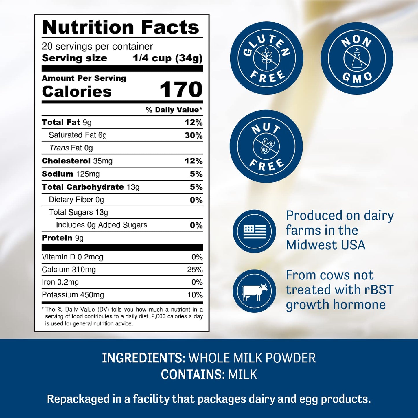 Non-GMO Gluten-Free Whole Milk Powder - 1.5lb Pantry Staple, Baking Ready - Made in USA with No rBST, Nut-Free - Easy to Store & Shelf Stable Powdered Milk - Espot.com.au