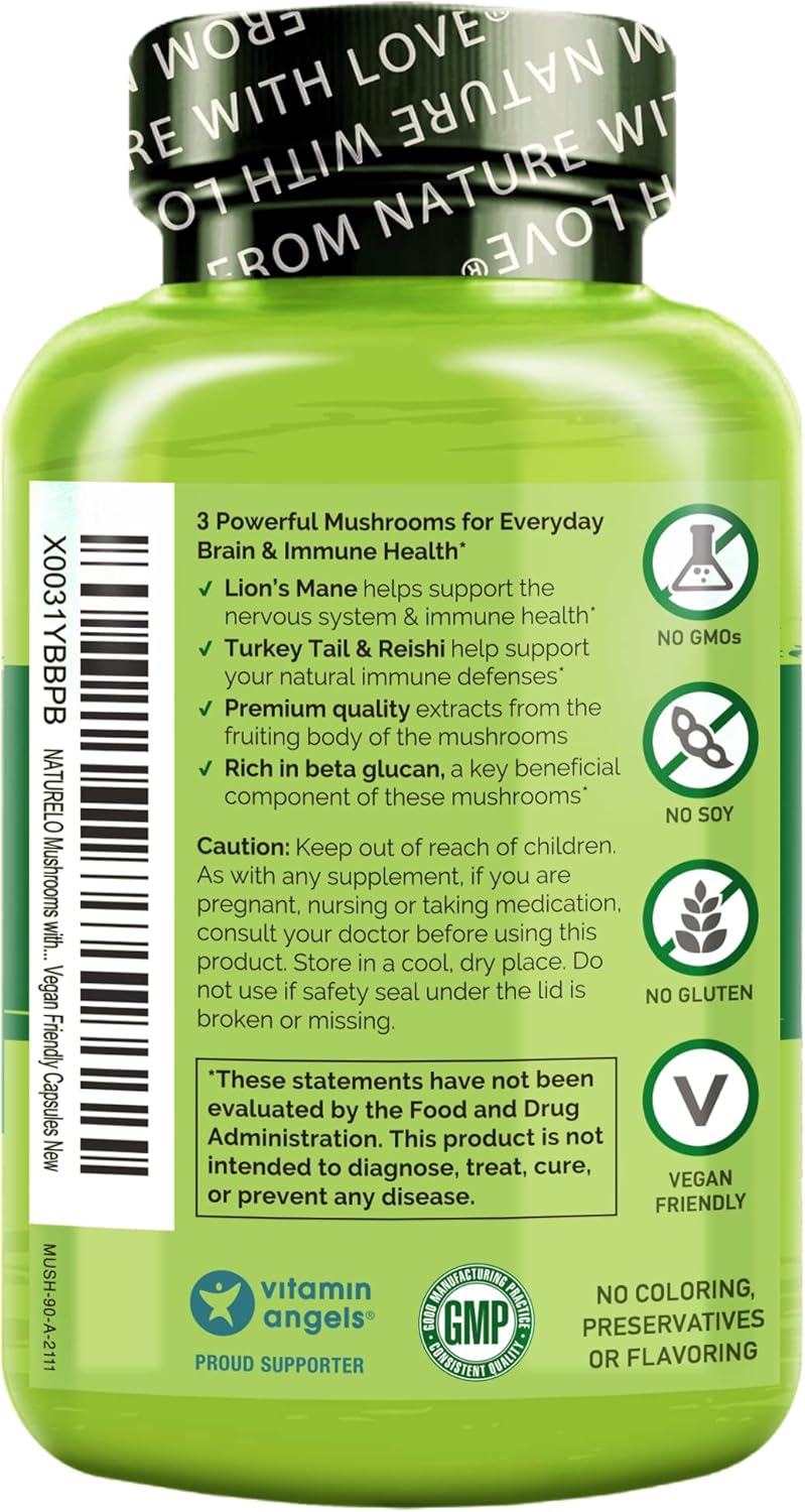 NATURELO Mushroom Supplement for Brain and Immune Health - Lion's Mane, Reishi, Turkey Tail - 90 Vegan Capsules - Espot.com.au