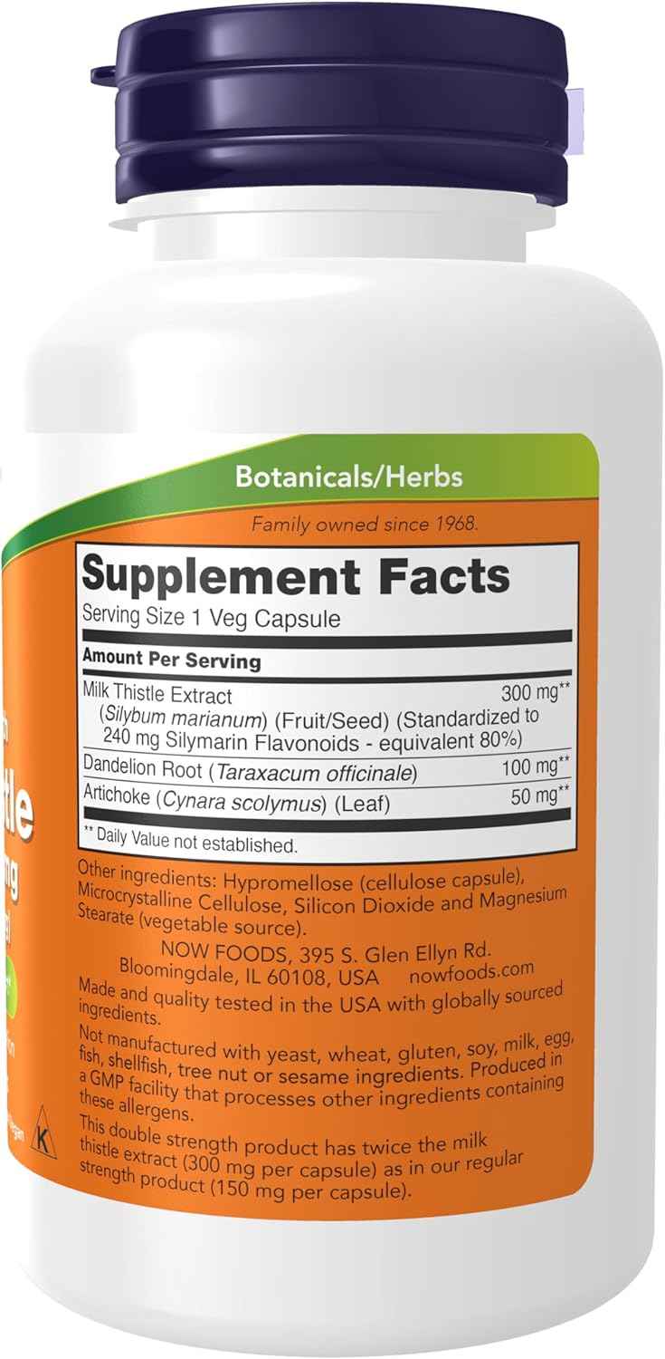 NOW Foods Silymarin Milk Thistle Extract 300mg with Artichoke & Dandelion - Double Strength Liver Support - 100 Veg Capsules
