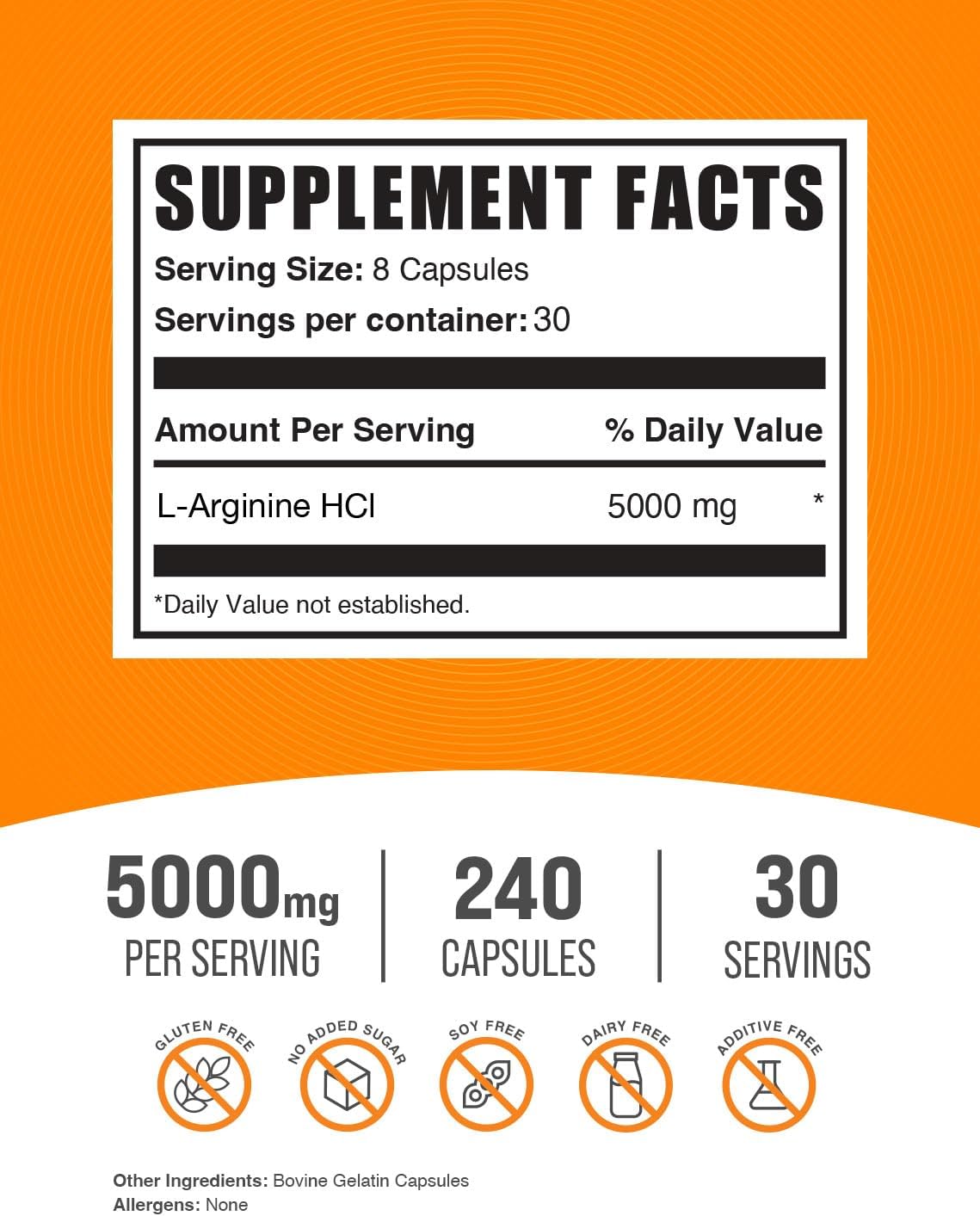 BulkSupplements L-Arginine HCl Capsules - 5000mg Nitric Oxide Supplement, Gluten-Free, 240 Capsules - High-Quality Arginine Supplement - Espot.com.au