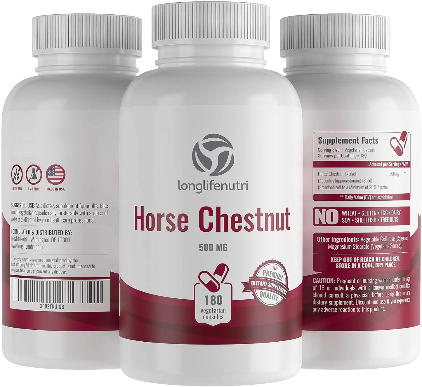 LongLifeNutri Horse Chestnut Seed Extract 500mg Capsules - 180 Count, Made in USA, High Aescin Content, Vegetarian Supplement - Espot.com.au