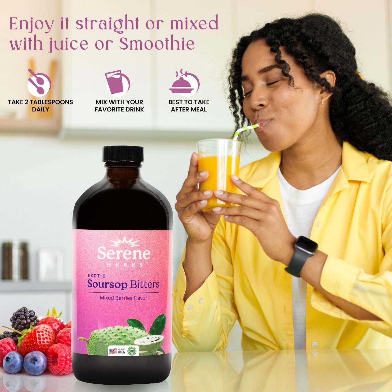 Organic Mixed Berry Soursop Bitters Liquid for Gut Cleanse & Immune Boost - 16 fl oz | Black Seed, Moringa, Irish Moss | 32 Servings - Espot.com.au
