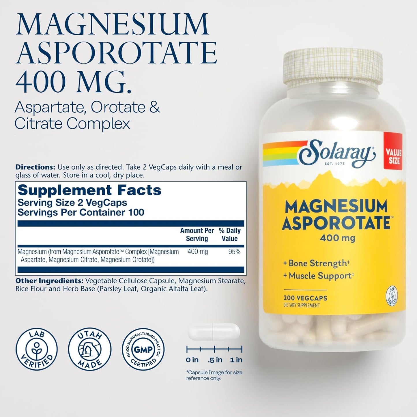 Solaray Magnesium Asporotate 400 mg - Chelated Supplement for Bone, Muscle, Nerve Support - Espot.com.au