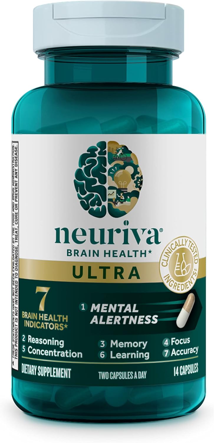 NEURIVA Ultra Decaffeinated Brain Supplement for Mental Alertness, Memory & Focus - Clinically Tested Nootropic with Cognivive, Neurofactor, Phosphatidylserine, Vitamins B6 & B12 - 14ct Capsules - Espot.com.au