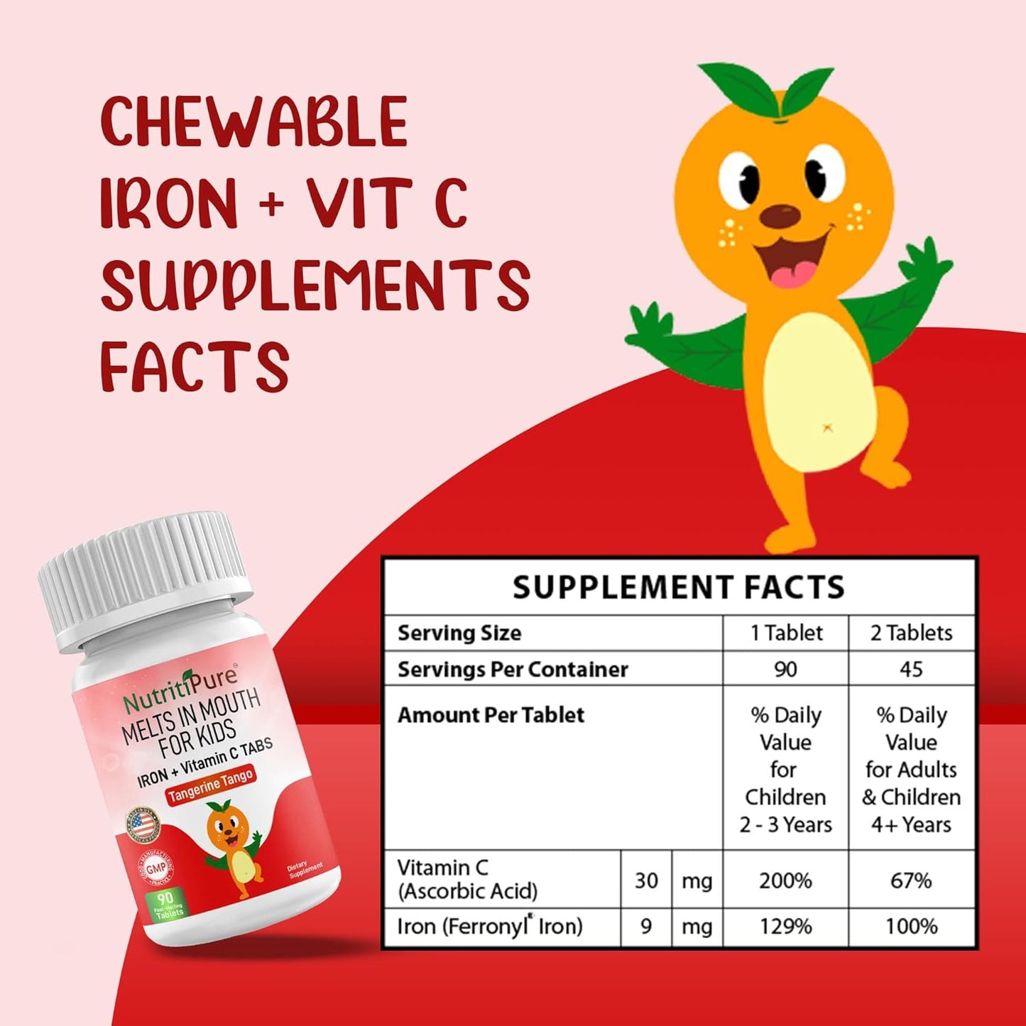 NutritiPure Kids Chewable Iron Supplements with Vitamin C - 90 Tablets, Tangerine Tango Orange Flavor, 9mg Ferronyl/Carbonyl Iron - Pediatric Iron Supplement - Espot.com.au