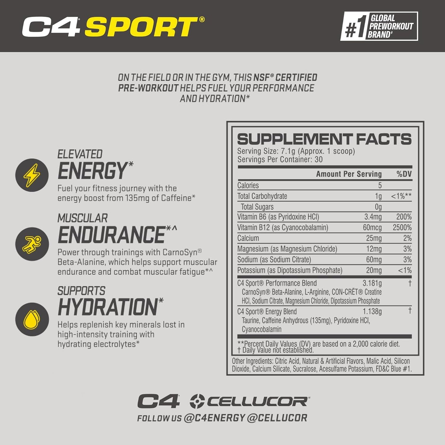 Cellucor C4 Sport Blue Raspberry Pre Workout Powder - Energy Boost with Creatine, Caffeine, Beta-Alanine - NSF Certified Sport Performance Blend - 30 Servings - Espot.com.au
