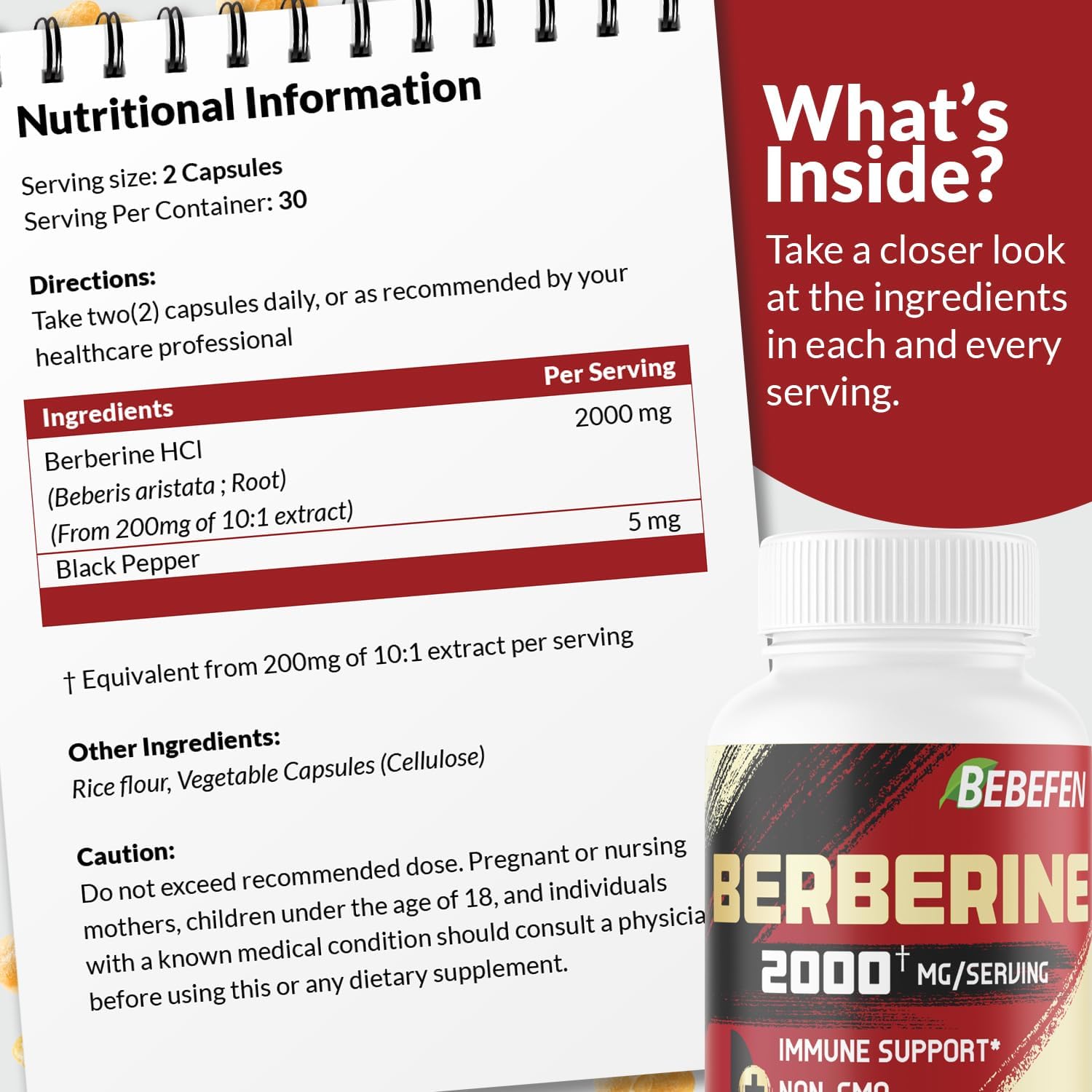 BEBEFEN Berberine HCL Supplement 2000mg - Boosts Immunity & Heart Health - Non GMO, Gluten Free - Supports Cardiovascular System - Espot.com.au