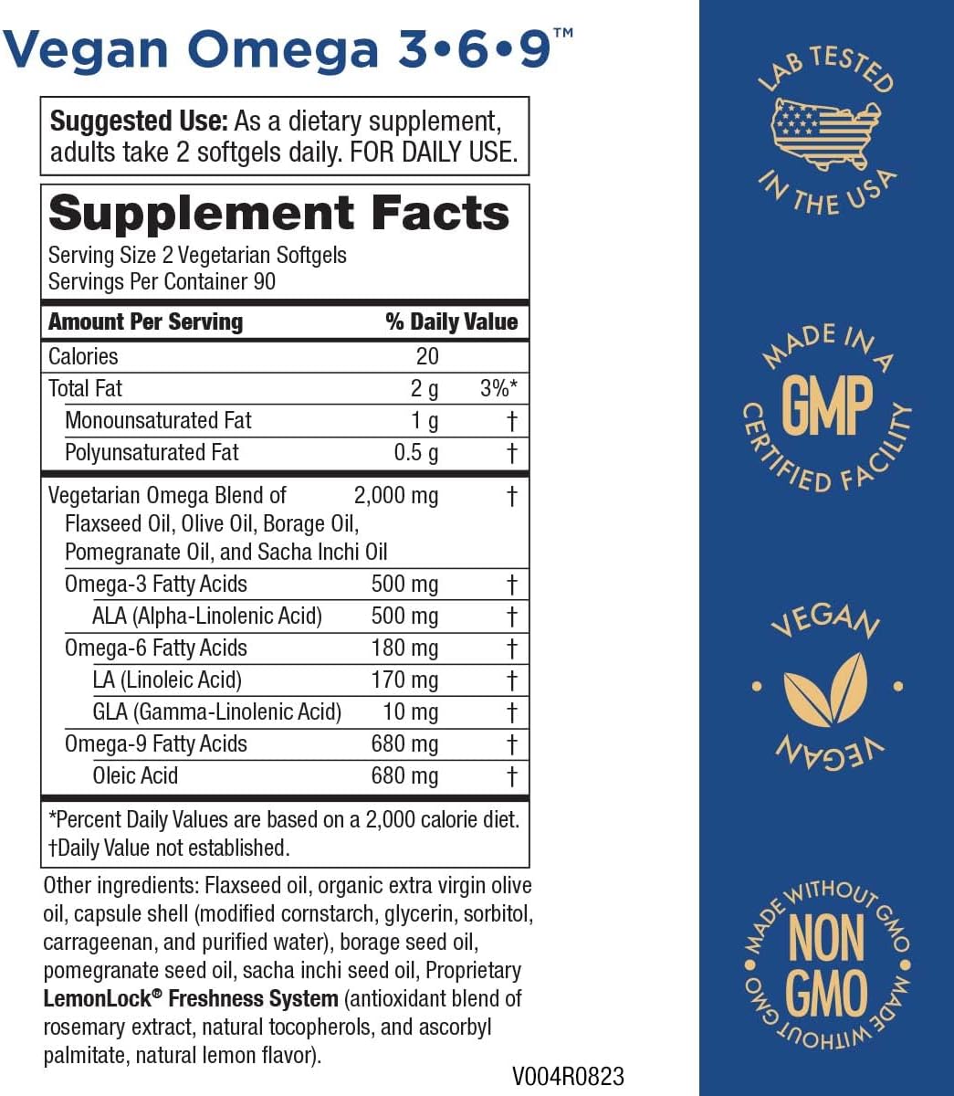 Plant-Based Omega 3 6 9 Essential Fatty Acids - Vegan Formula - 180 Softgels - 3 Month Supply - Purity Products Omega 3-6-9 Complex - Espot.com.au