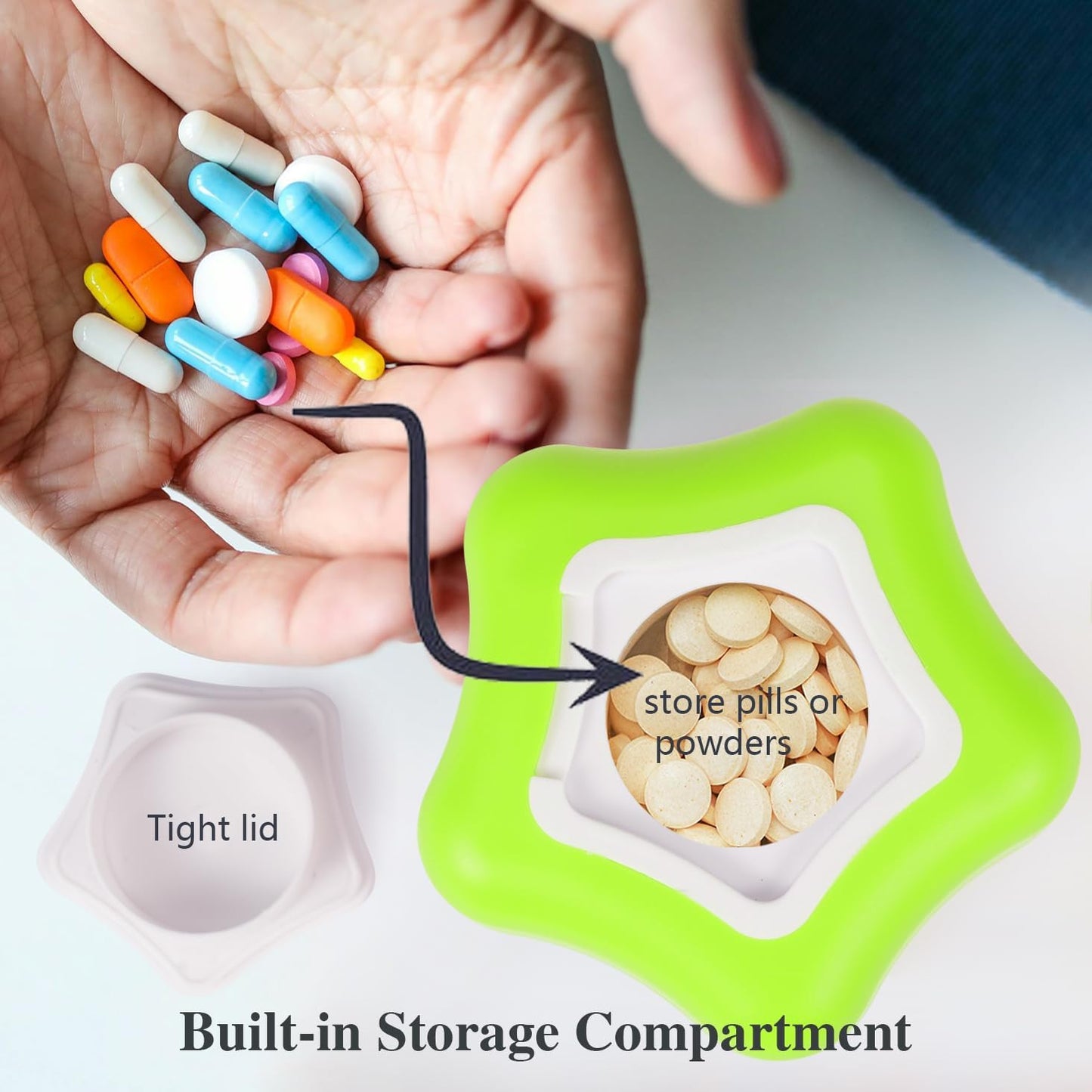 johnbee-pill-crusher-and-grinder-for-fine-powder-with-storage-compartment---ideal-for-elderly-family-and-pets---features-silicone-edges-and-cleaning-brush---green-5