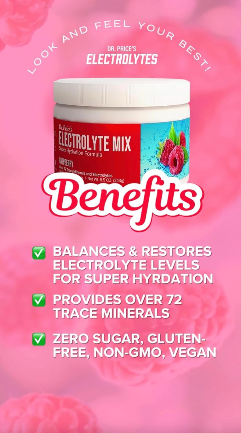 Dr. Price Electrolytes Powder - Hydration Drink Mix for Keto, Fasting, and Sports - Non-GMO, Gluten Free - 90 Servings - Raspberry Flavor - Espot.com.au