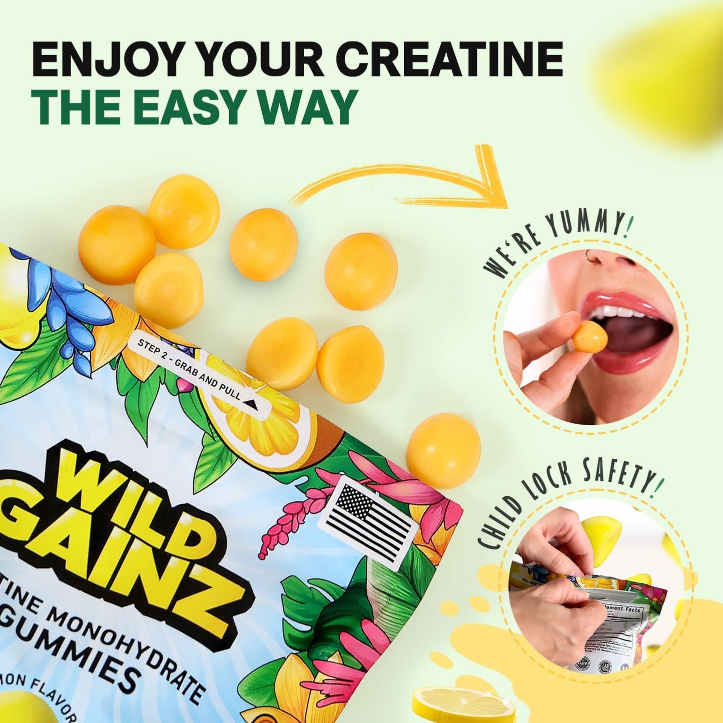 USA-Made WILD GAINZ Creatine Monohydrate Gummies 5g - Vegan Muscle & Cognitive Support Chews - Gluten-Free, Non-GMO - 150 Count - Espot.com.au