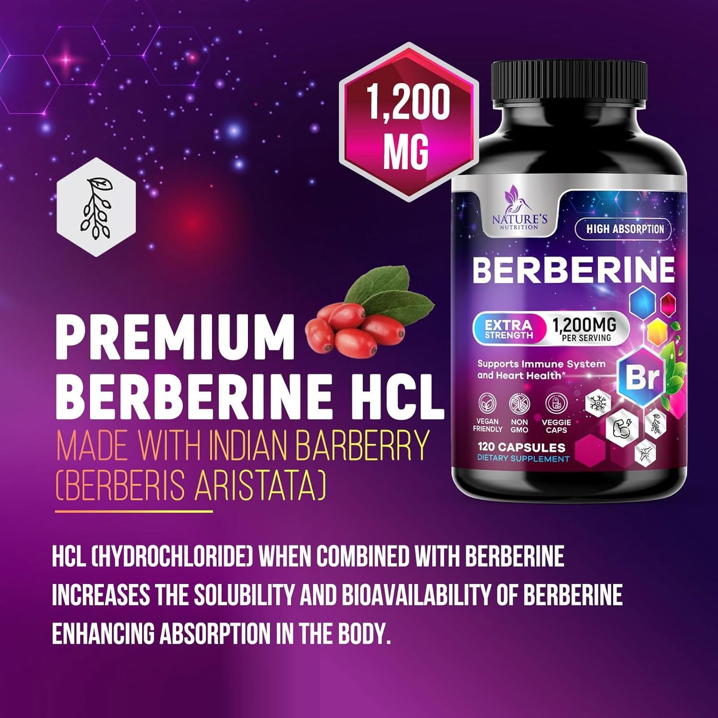 High Absorption Berberine Supplement for Heart Health & Immune Support - 1200mg Berberine HCL Pills with Gluten-Free Formula - 120 Veg Capsules by Nature's Nutrition - Espot.com.au