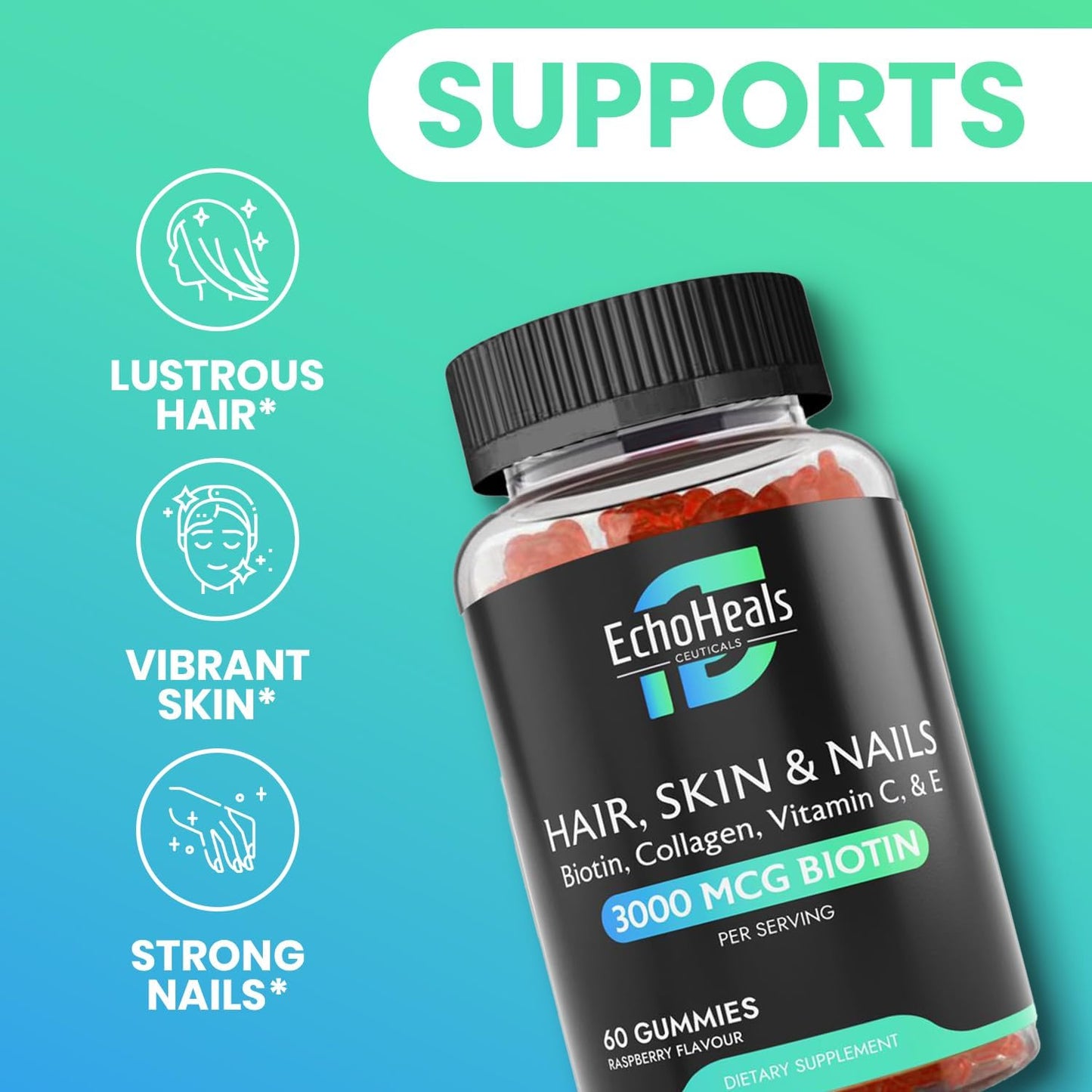 Raspberry Flavored Hair, Skin & Nail Gummies with Biotin, Collagen, Vitamin C & E - 60 Gummies | EchoHeals CEUTICALS - Espot.com.au