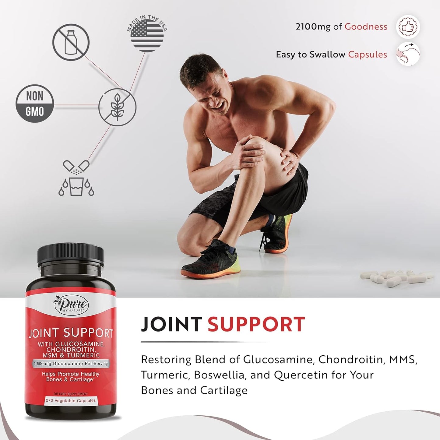 Natural Joint Support Supplement with Glucosamine, Chondroitin, Turmeric, MSM, and Boswellia - 270 Capsules - Espot.com.au
