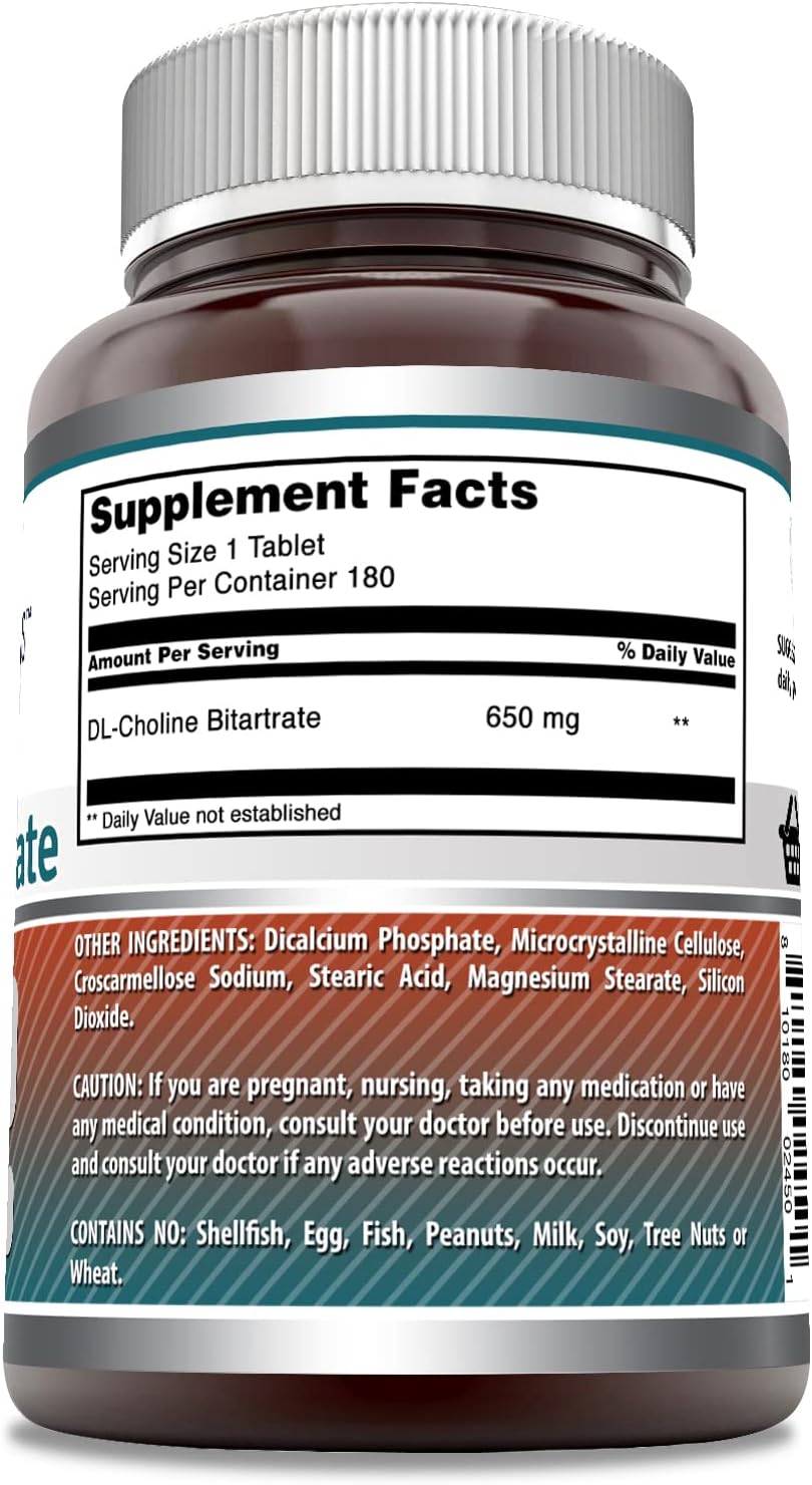High-Quality Choline Bitartrate Supplement 650mg | 180 Tablets | Non-GMO | Gluten-Free | Made in USA by Amazing Nutrition - Espot.com.au