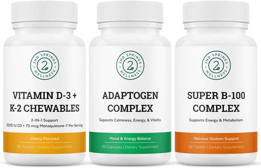 Bundle of 2nd Springs Adaptogen Complex, Vitamin D3+K2 Chewables, and Super B-100 Complex - Boost Your Health Today! - Espot.com.au