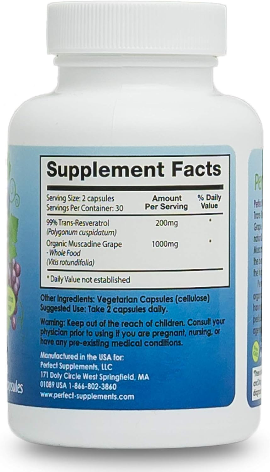 Organic Muscadine Grape Resveratrol Supplement - 60 Veggie Capsules - High-Quality Trans-Resveratrol Formula by Perfect Supplements - Espot.com.au