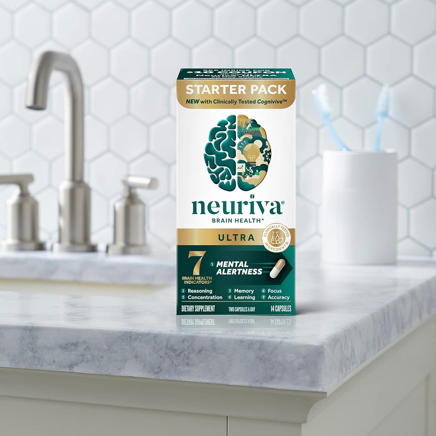 NEURIVA Ultra Decaffeinated Brain Supplement for Mental Alertness, Memory & Focus - Clinically Tested Nootropic with Cognivive, Neurofactor, Phosphatidylserine, Vitamins B6 & B12 - 14ct Capsules - Espot.com.au