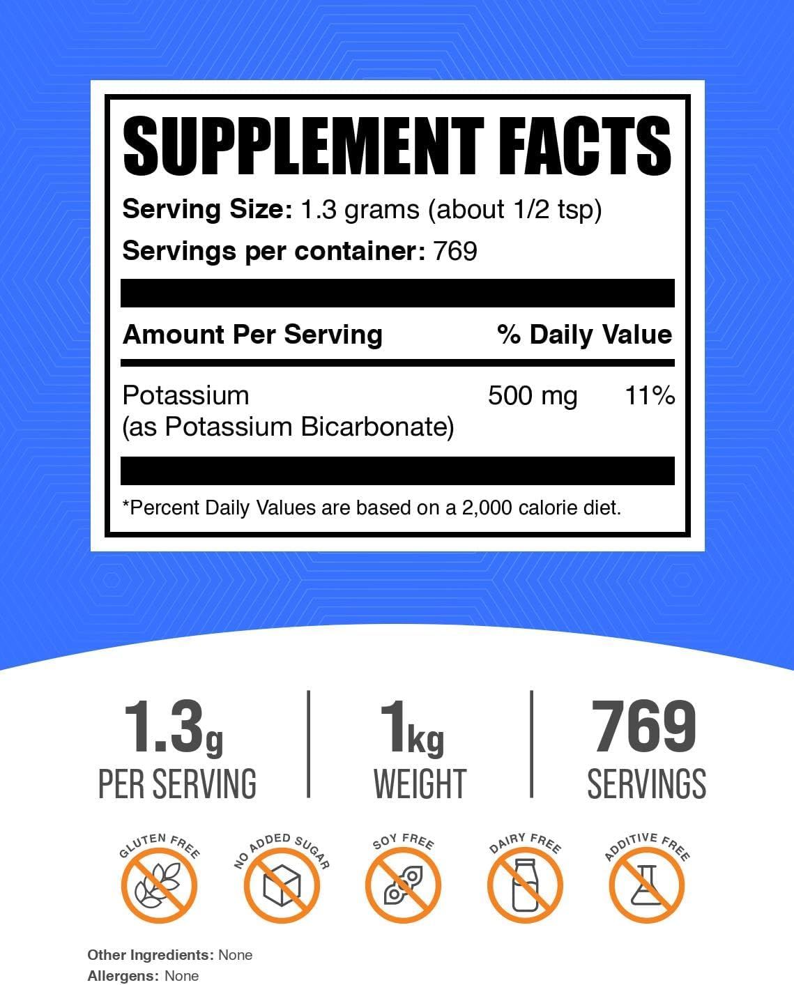 Potassium Bicarbonate Powder - High-Strength Potassium Supplement for Food Grade Use - 1300mg per Serving - 1kg (2.2 lbs) Pack - Espot.com.au