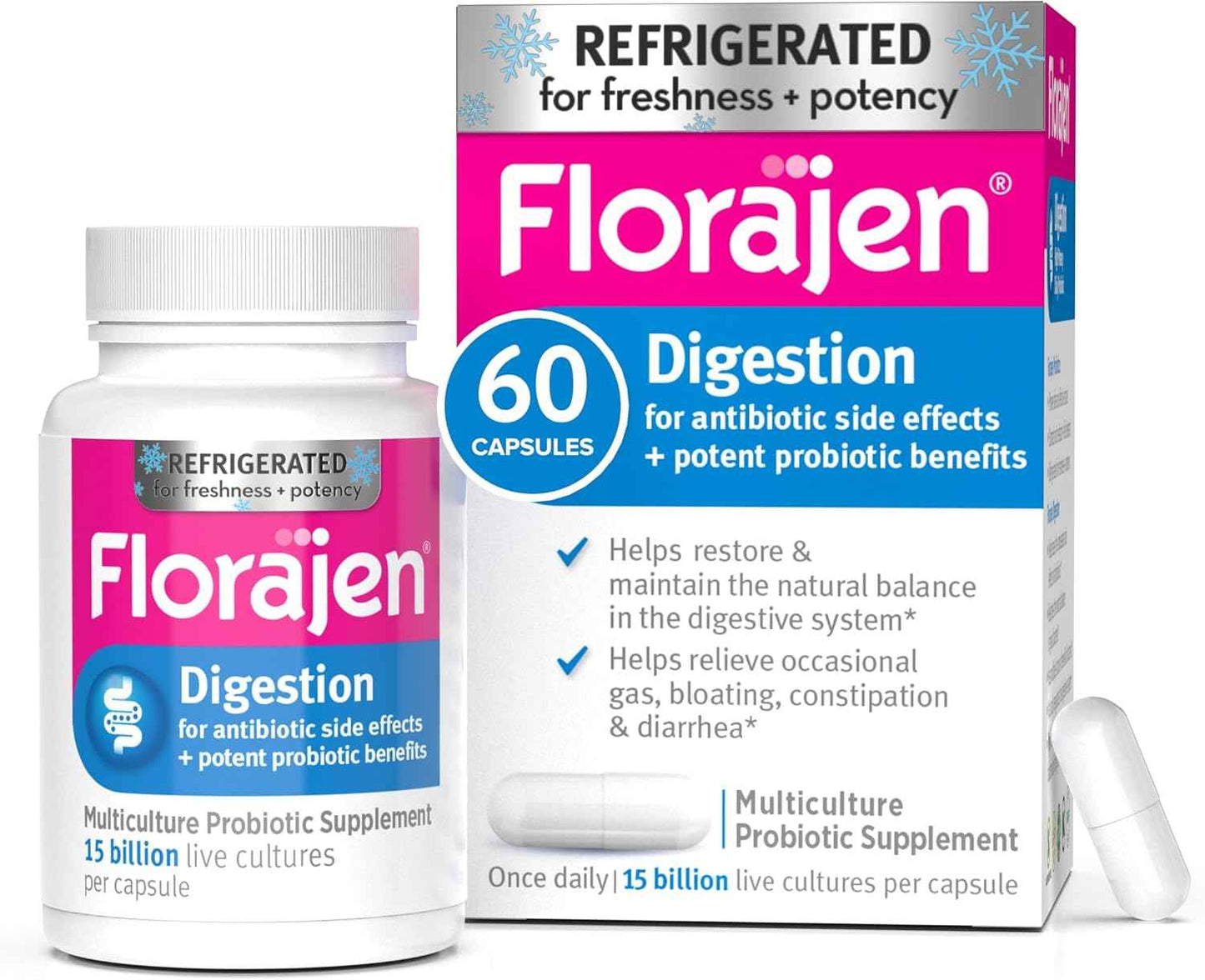 Refrigerated Florajen Digestion Probiotics - 60 Count Advanced Gas & Bloat Supplement with Lactobacillus for Gut Health - Adult Daily Probiotics for Constipation