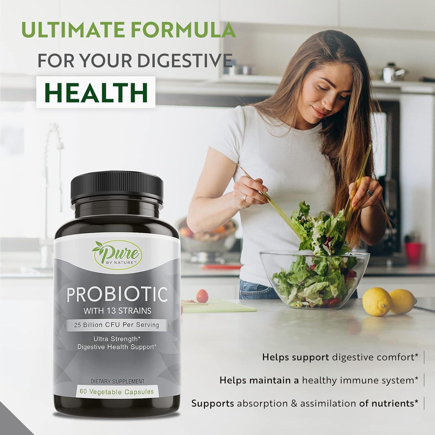 Pure By Nature Shelf Stable Probiotics - 60 Vegan Capsules for Digestive & Gut Health, Immunity Support - Soy & Gluten-Free Formula for Men and Women - Espot.com.au