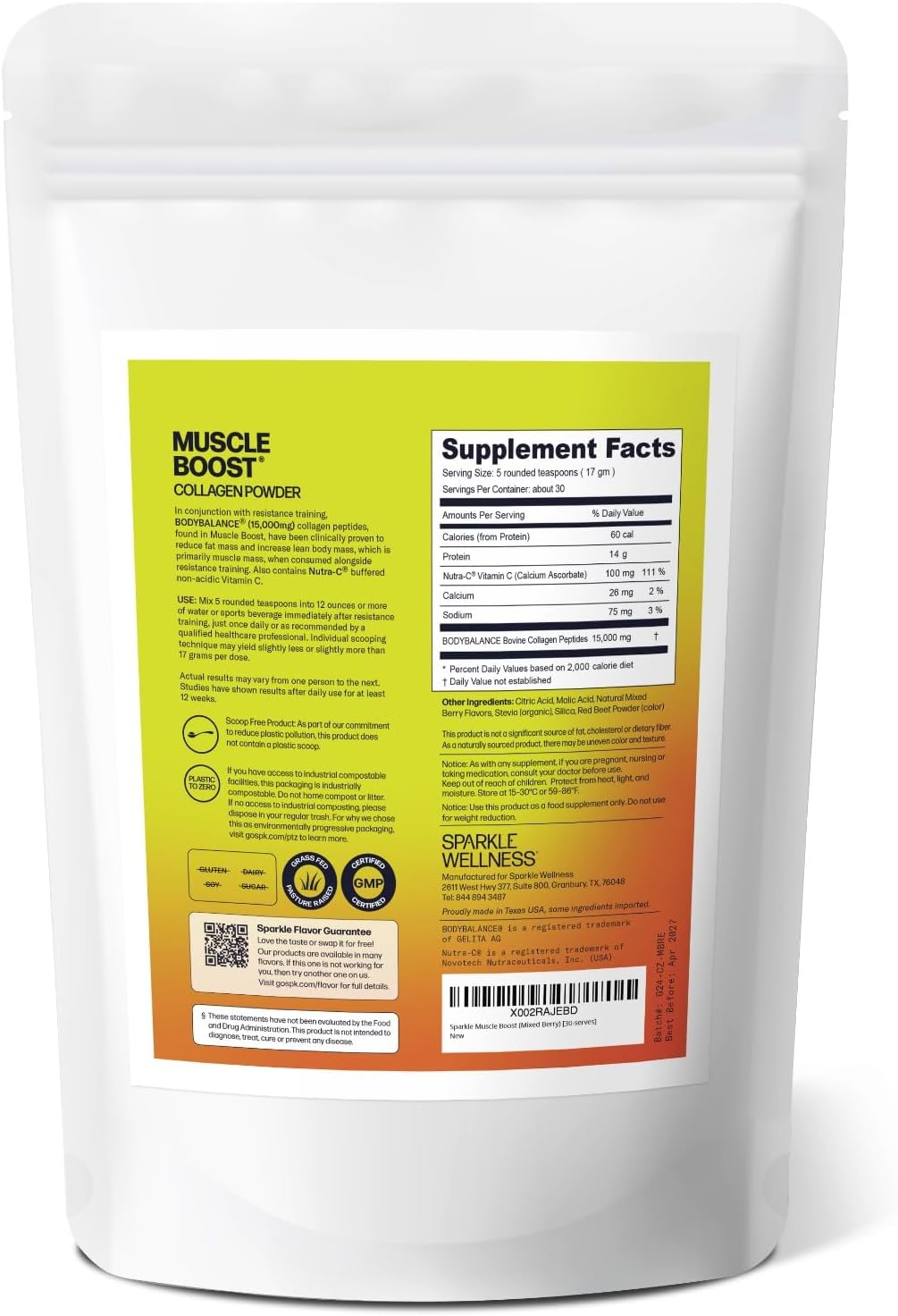 Mixed Berry Muscle Boost Collagen Supplement Powder - 30 Servings | Hydrolyzed BODYBALANCE Collagen Peptides & Buffered Vitamin C for Improved Body Composition | Sparkle Wellness - Espot.com.au