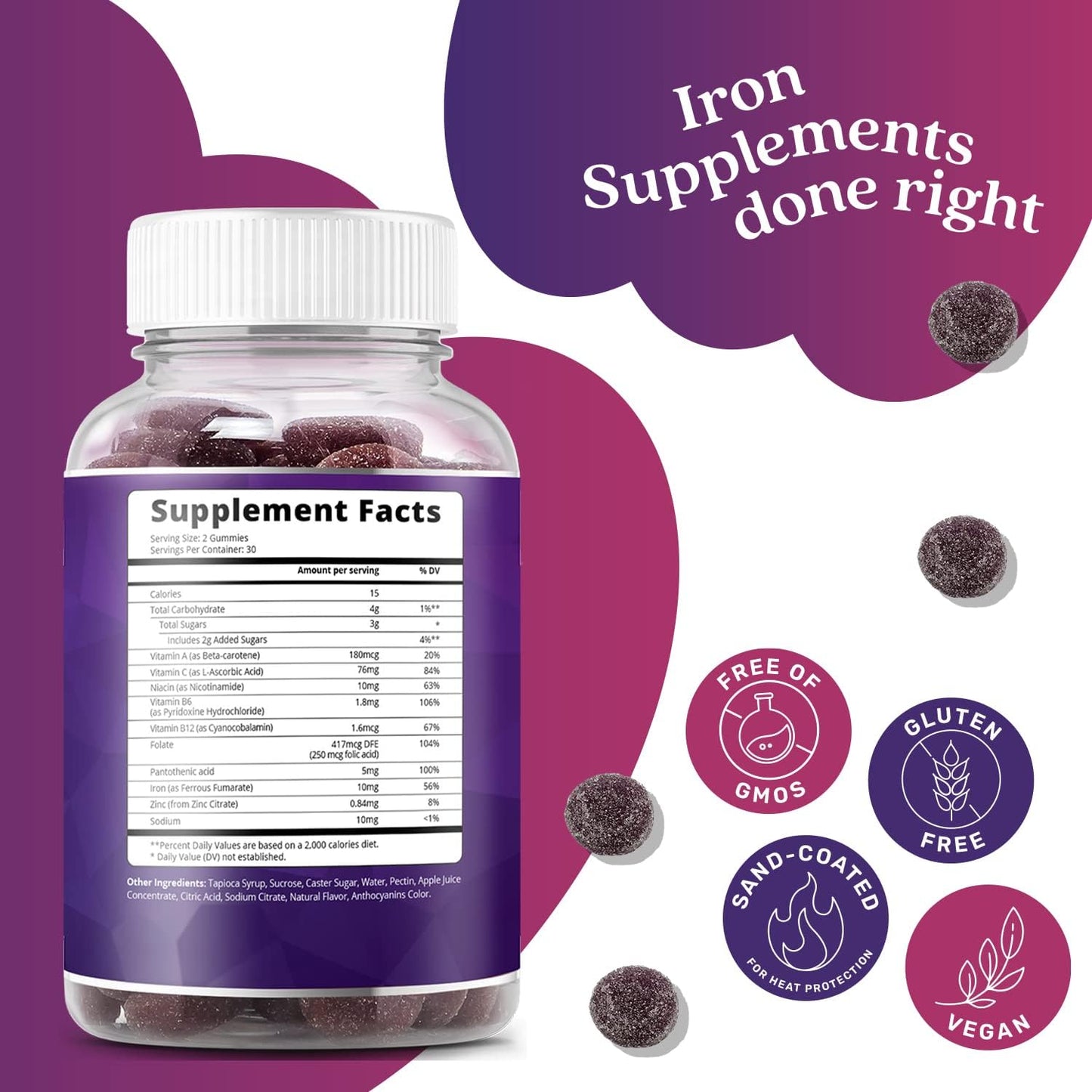 Iron Gummies with Multivitamins & Zinc - Grape Flavored Vegan Supplement for Blood Oxygen Support - Ideal for Women, Men & Kids of All Ages - Espot.com.au