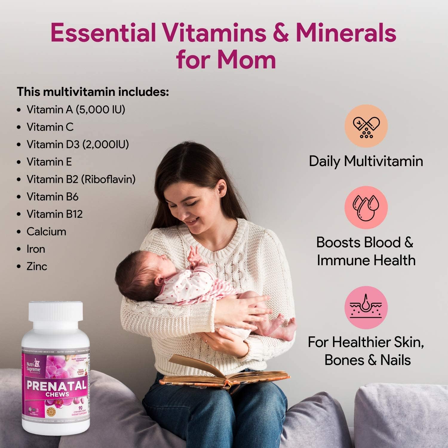 cherry-flavored-chewable-prenatal-vitamins-for-women---nutri-supreme-prenatal-vitamin-with-800-mcg-of-folate-and-iron---kosher---90-count-6