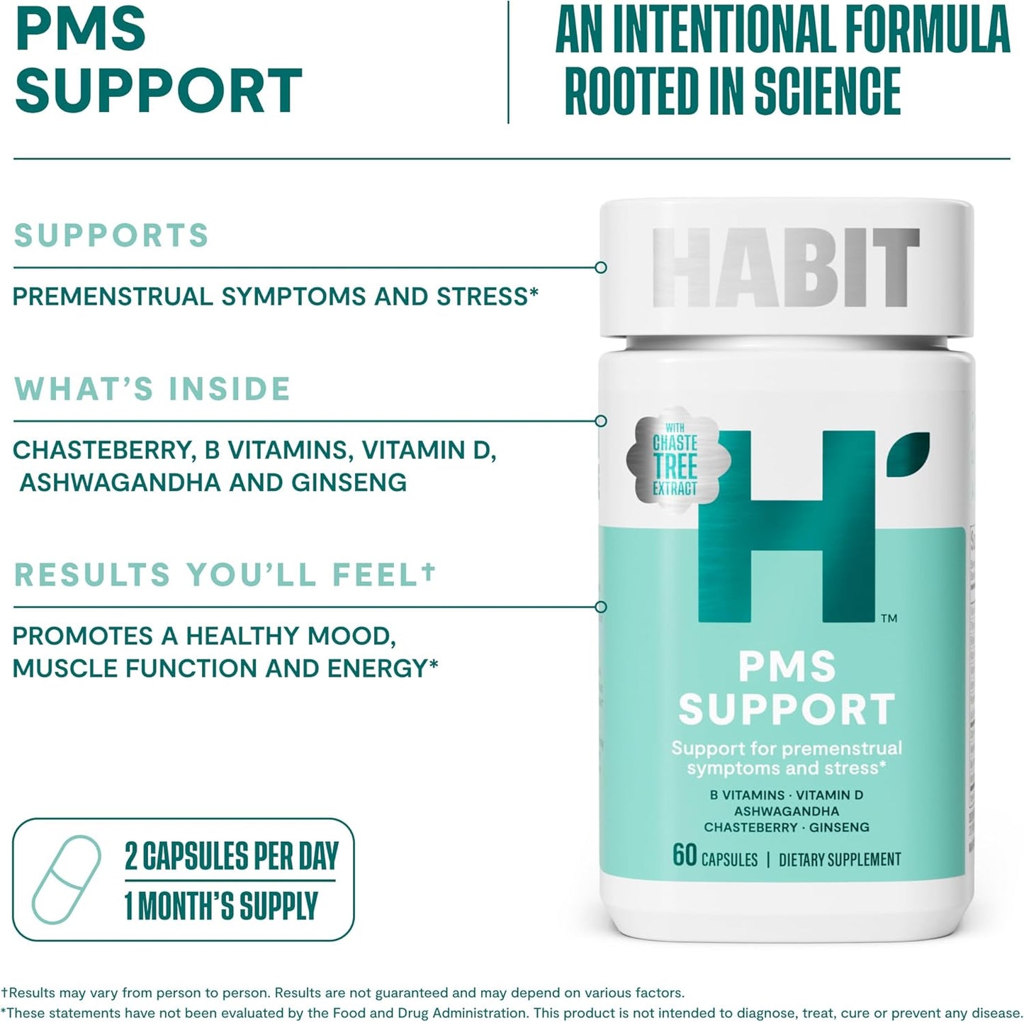 PMS Support Supplement for Women - 2 Pack (120 Capsules) - Supports Hormone Balance, Mood & Stress with B Vitamins, Vitamin D, Chasteberry, Ashwagandha - Gluten-Free, Non-GMO - H' Habit Habit - Espot.com.au