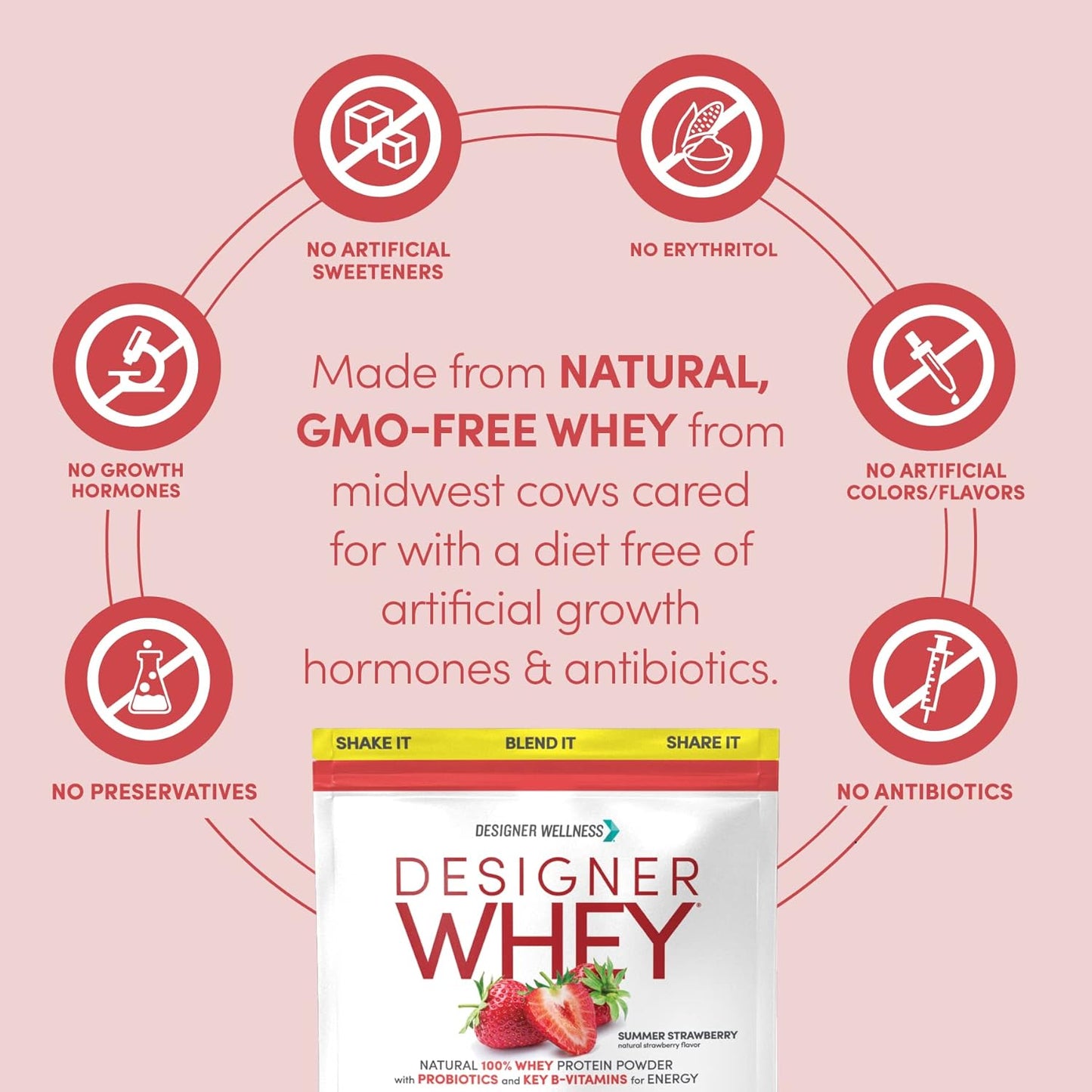 Natural Designer Whey Protein Powder with Probiotics, Fiber, and B-Vitamins - Gluten-Free Summer Strawberry Flavor - 2 lb Jar - Espot.com.au