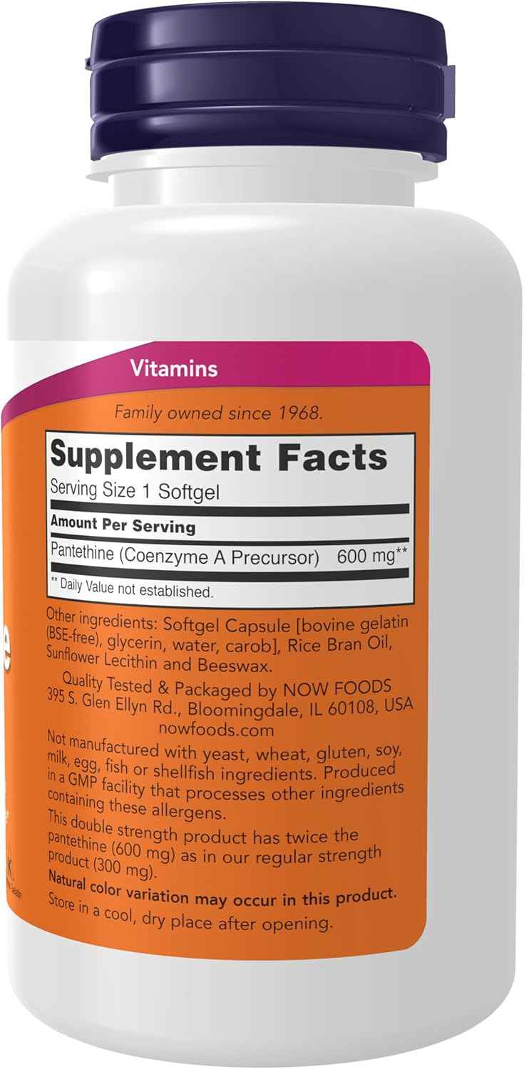 NOW Foods Pantethine 600mg Double Strength Softgels for Cardiovascular Health - 60 Count