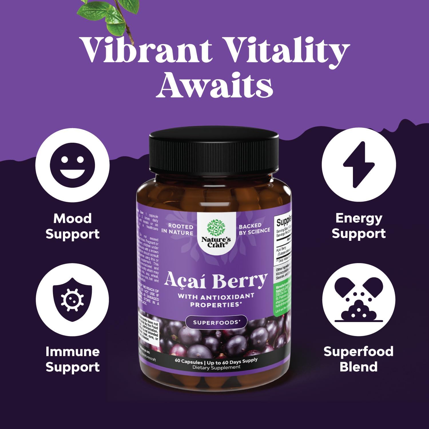 Acai Berry Capsules Antioxidant Supplement for Brain and Heart Health Boost - Natures Craft Acai Berry Cleanse Superfood Capsules for Natural Energy and Memory Support - Espot.com.au