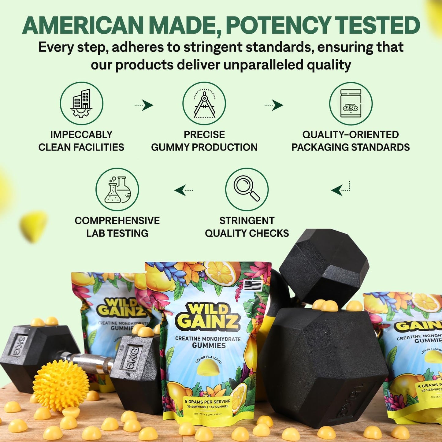 USA-Made WILD GAINZ Creatine Monohydrate Gummies 5g - Vegan Muscle & Cognitive Support Chews - Gluten-Free, Non-GMO - 150 Count - Espot.com.au