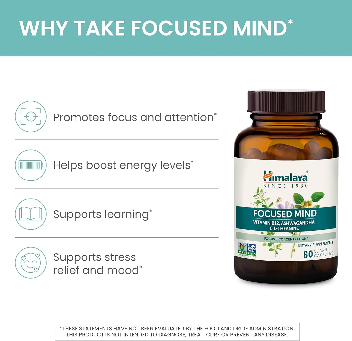 Himalaya Focused Mind Capsules with Ashwagandha & Bacopa - Energy & Focus Support - 60 Vegan Capsules, Gluten Free - 1 Month Supply - Espot.com.au