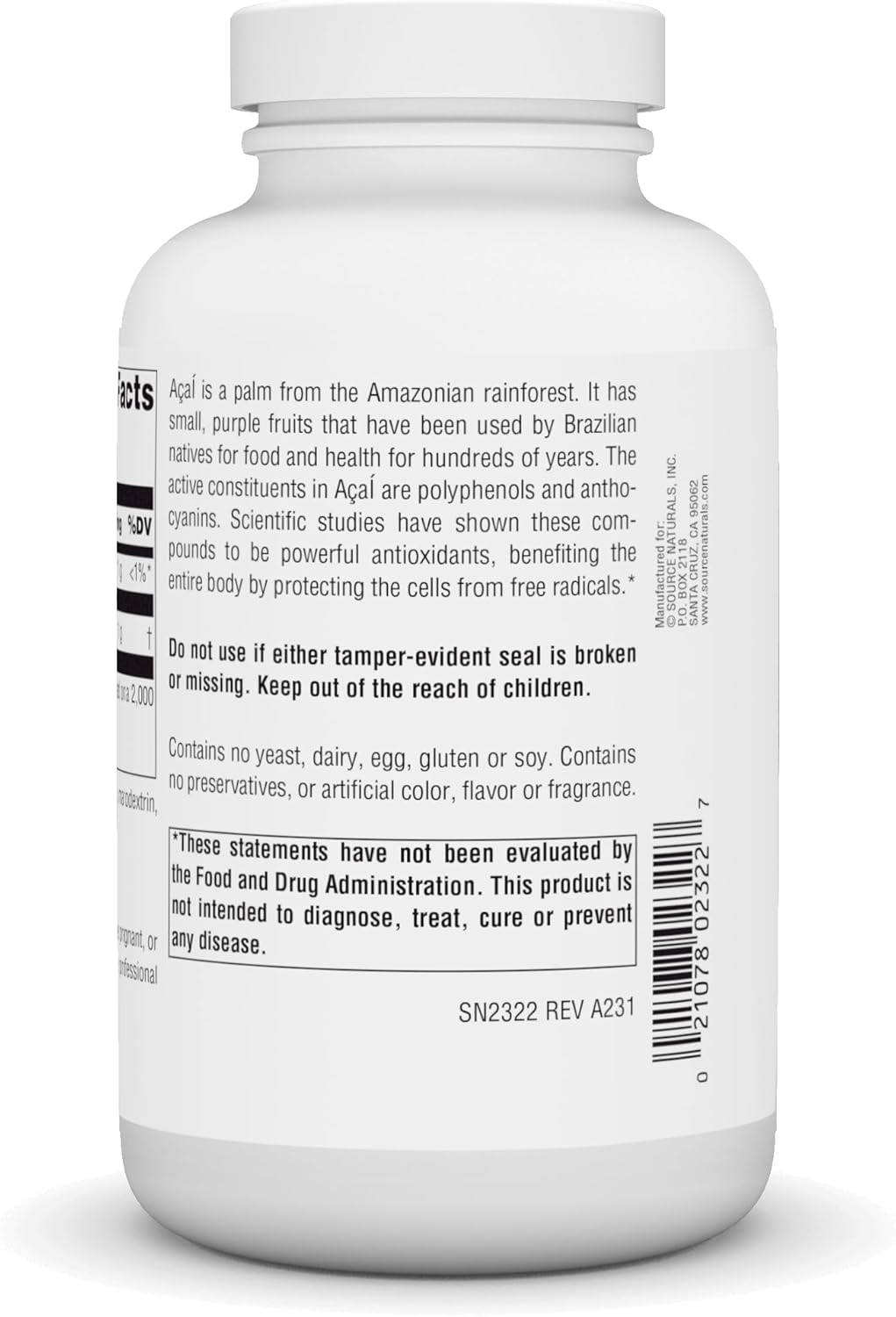 500mg Acai Extract Superantioxidant from Brazil - 240 Vegetarian Capsules by Source Naturals - Espot.com.au
