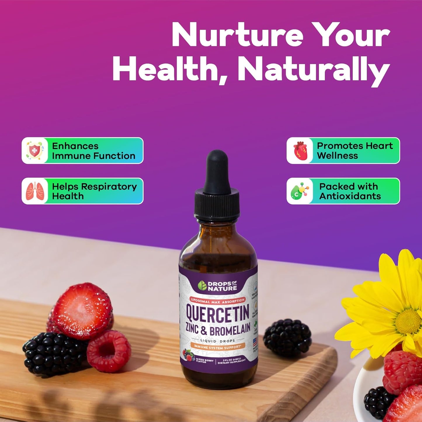 Nature's Quercetin with Bromelain & Zinc Liquid Drops - 750mg Immune Support for Adults & Kids | Bioflavonoid Rich Formula | Supports Immune Defense & Cellular Health | Vegan & Non-GMO | 2 Fl Oz - Espot.com.au