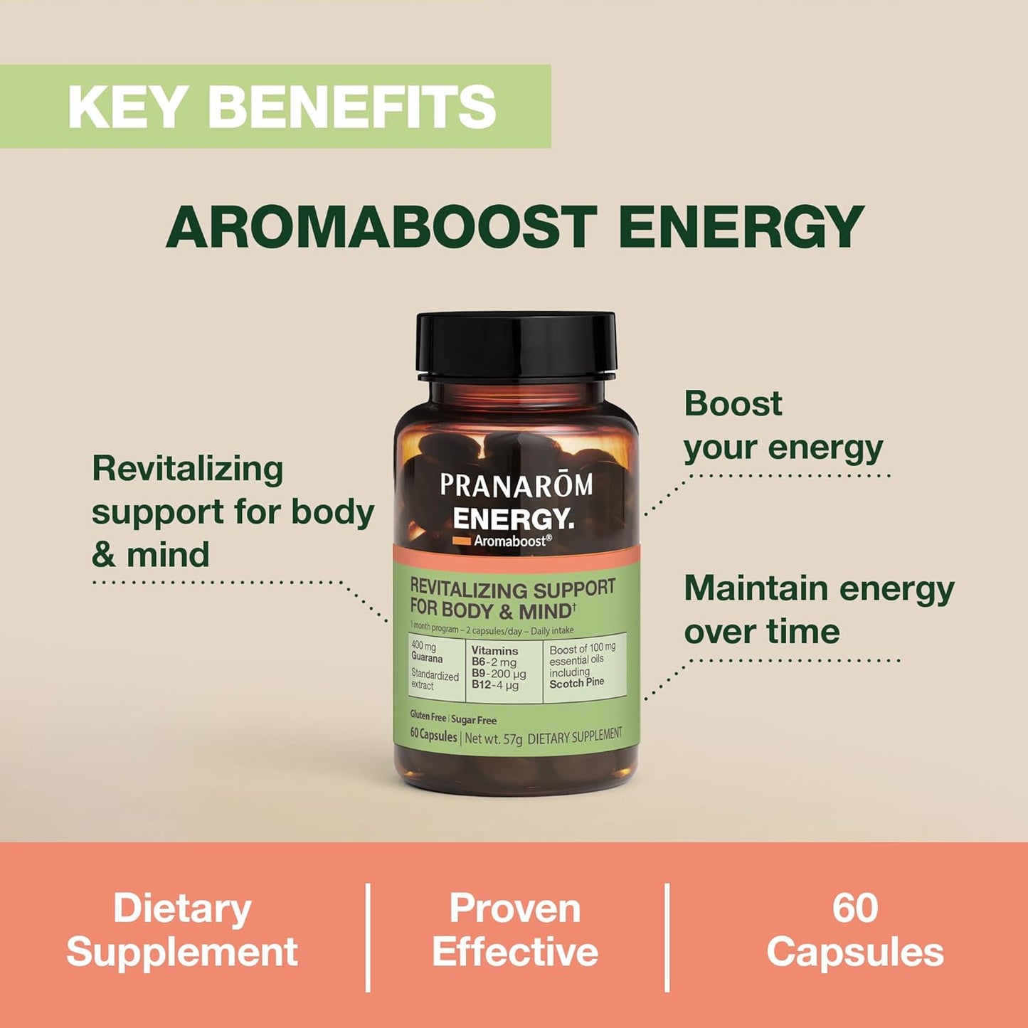 Energy-Boosting Herbal Supplement with Guarana and Pine Essential Oil - 60 Count - Fight Physical and Mental Fatigue - Pranarom Aromaboost Formula - Espot.com.au
