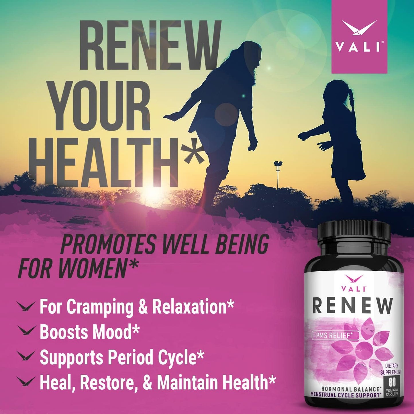 VALI Renew PMS Relief Supplement - Herbal Formula for Women's Menstrual Cycle Support - 60 Veggie Capsules for Cramps, Mood & Hormone Balance - Espot.com.au