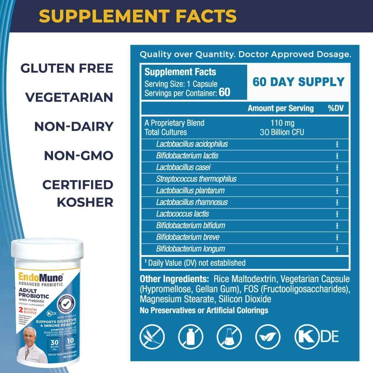 Physician Formulated Endomune Advanced Adult Probiotic with Prebiotic | 10 Strains, 30 Billion CFU | 60-Count Bottle