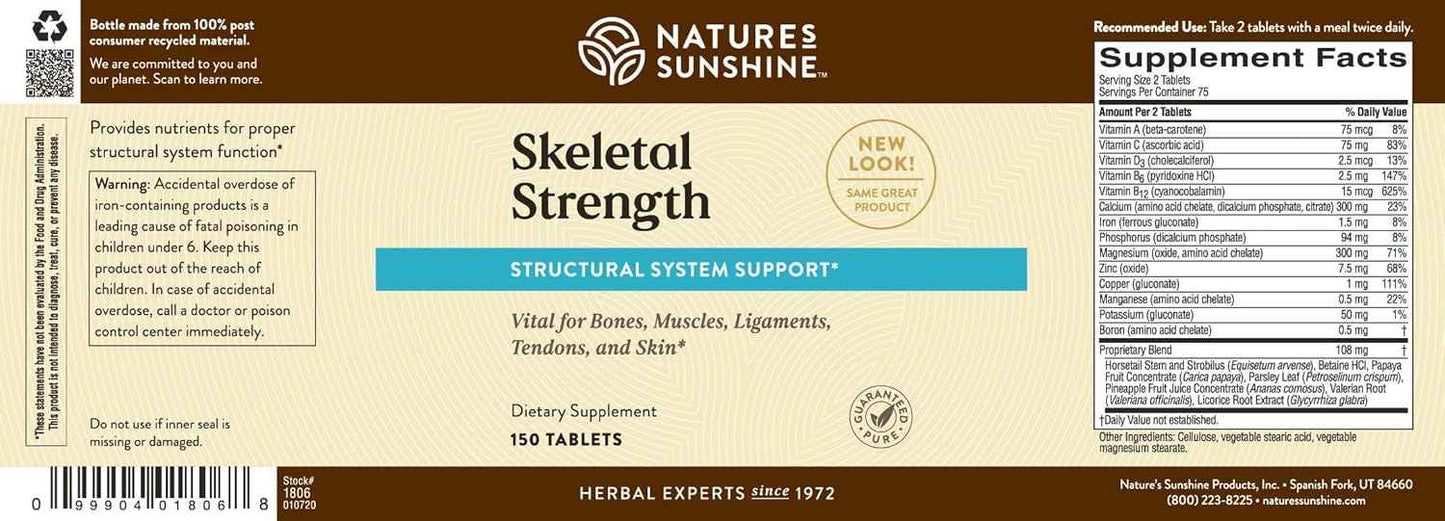 Natural Bone Health Supplement with Calcium, Magnesium, and Vitamins for Men and Women - Nature's Sunshine Skeletal Strength, 150 Tablets